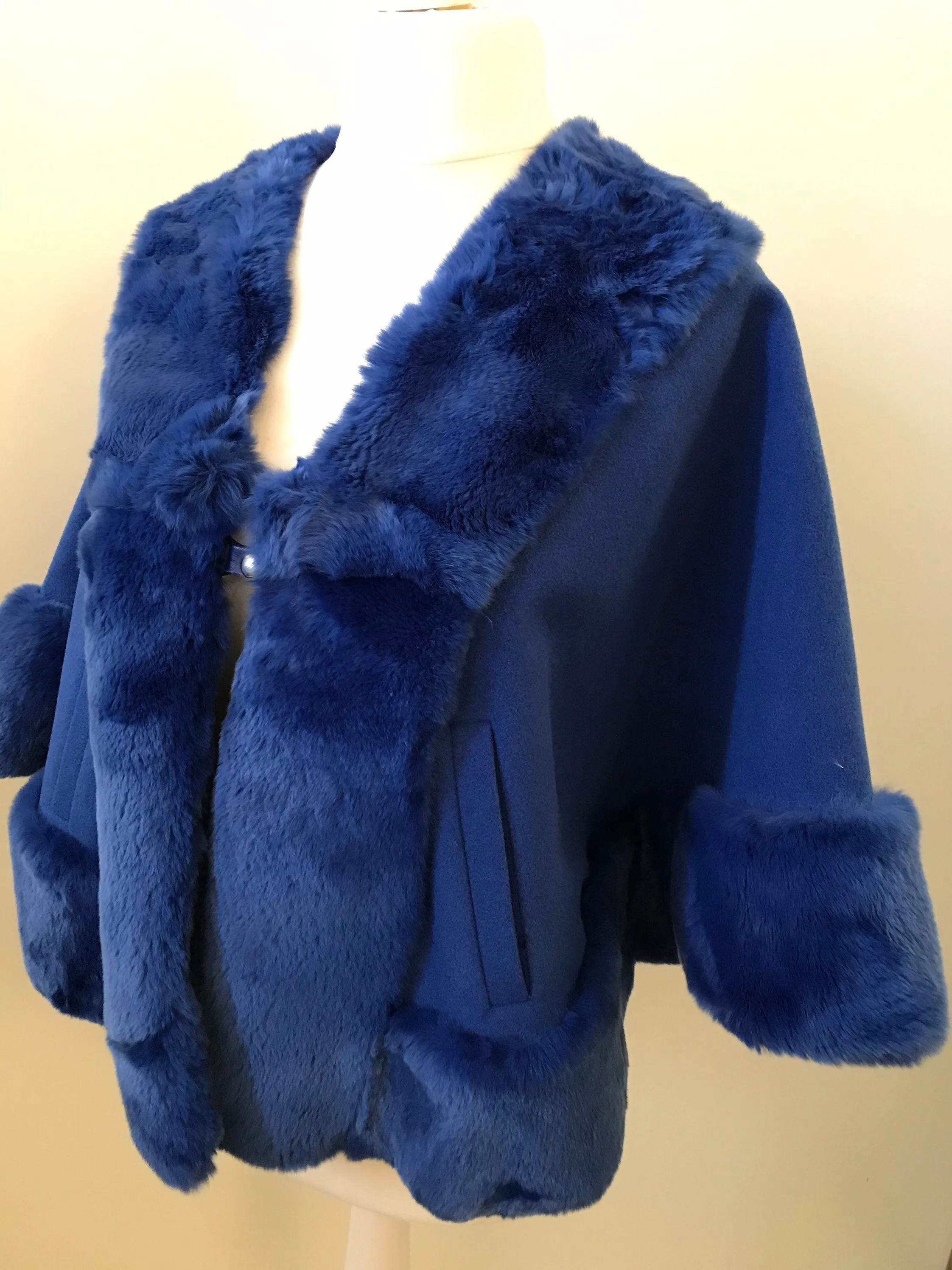 Royal Blue Women Winter Coat Cape Trim Rabbit Fur, Winter Women's Poncho Jacket lined, Warm Elegant Women's coat
