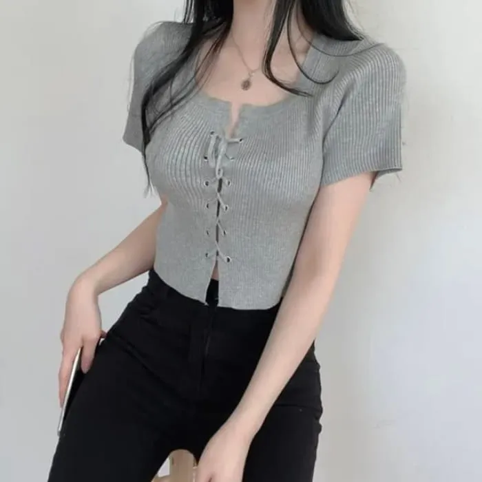 Short-Sleeve Scoop Neck Plain Lace Up Knit Top