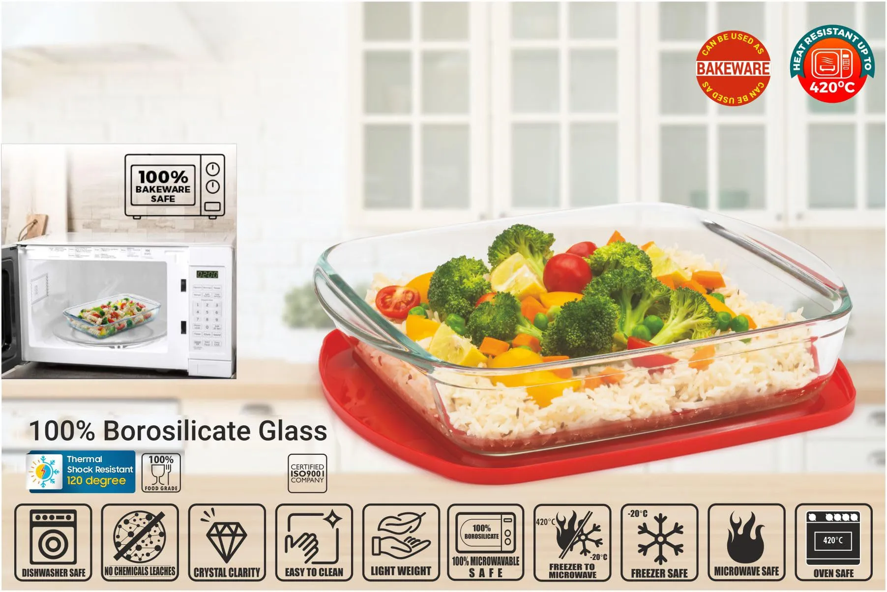 Signoraware Bake 'N' Serve Square Bakeware Safe and Oven Safe Glass Dish Tray with PLASTIC LID | Borosilicate Glass Bowl Container | Microwave Oven Safe Baking (1000ml, Set of 1, Clear)