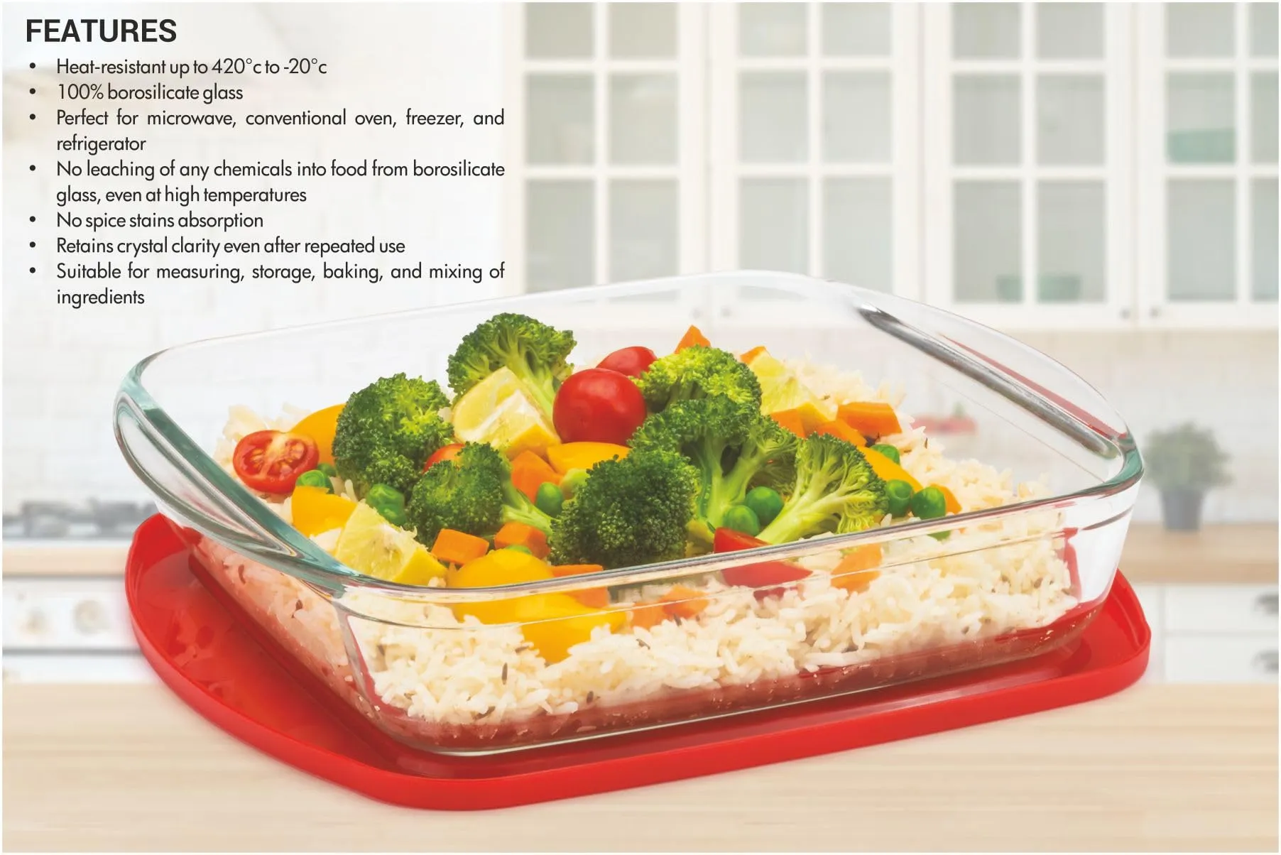 Signoraware Bake 'N' Serve Square Bakeware Safe and Oven Safe Glass Dish Tray with PLASTIC LID | Borosilicate Glass Bowl Container | Microwave Oven Safe Baking (1000ml, Set of 1, Clear)