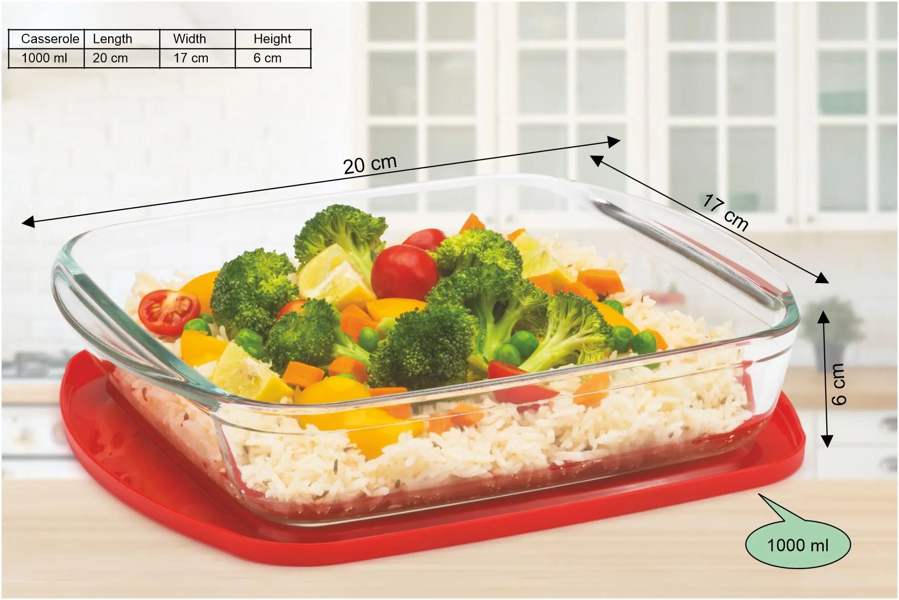Signoraware Bake 'N' Serve Square Bakeware Safe and Oven Safe Glass Dish Tray with PLASTIC LID | Borosilicate Glass Bowl Container | Microwave Oven Safe Baking (1000ml, Set of 1, Clear)
