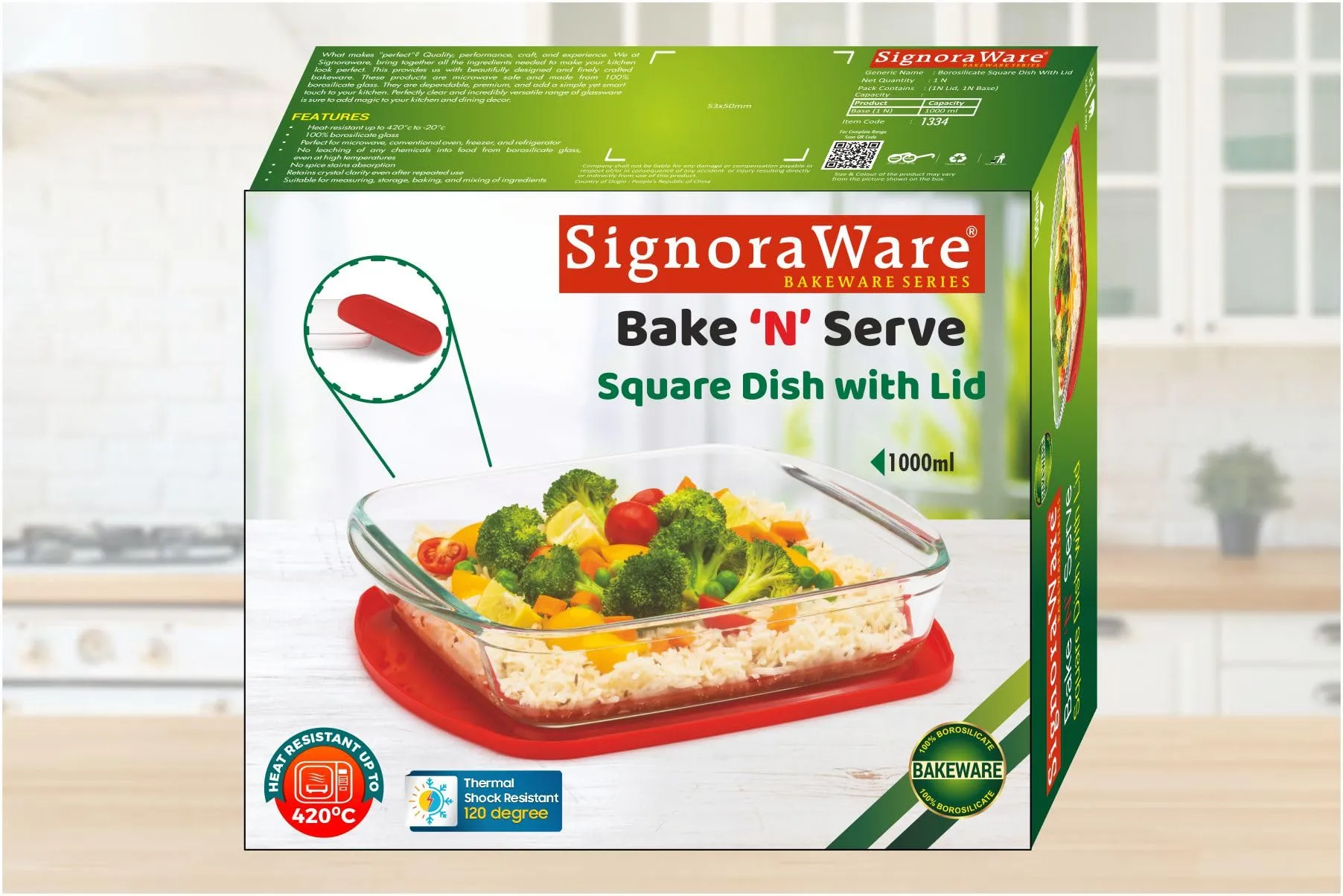 Signoraware Bake 'N' Serve Square Bakeware Safe and Oven Safe Glass Dish Tray with PLASTIC LID | Borosilicate Glass Bowl Container | Microwave Oven Safe Baking (1000ml, Set of 1, Clear)