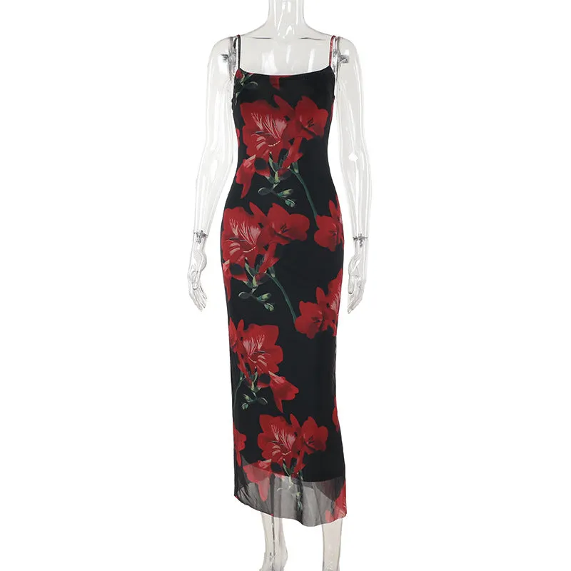 Spaghetti Strap Floral Print Stretch Sheath Dress