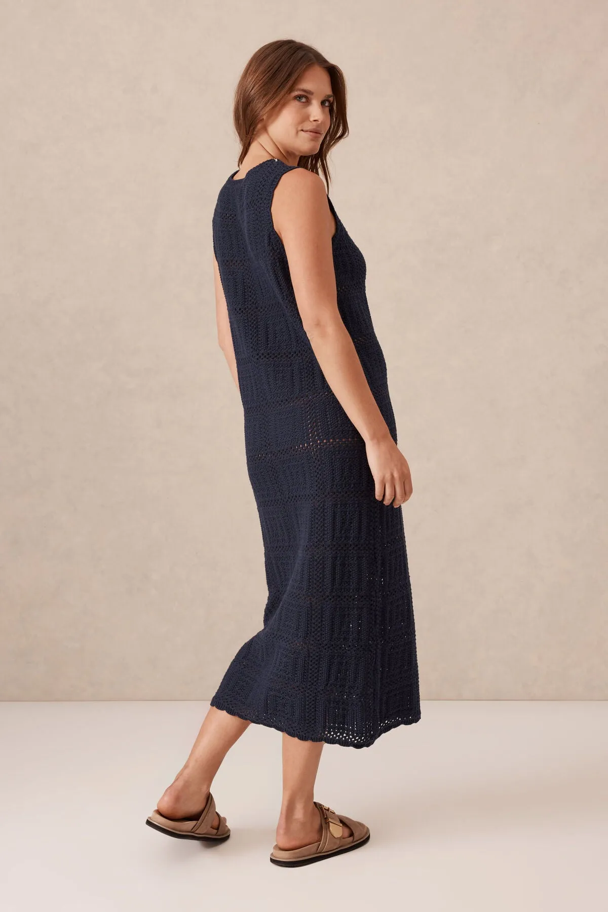 Square Knit Midi Dress - Navy