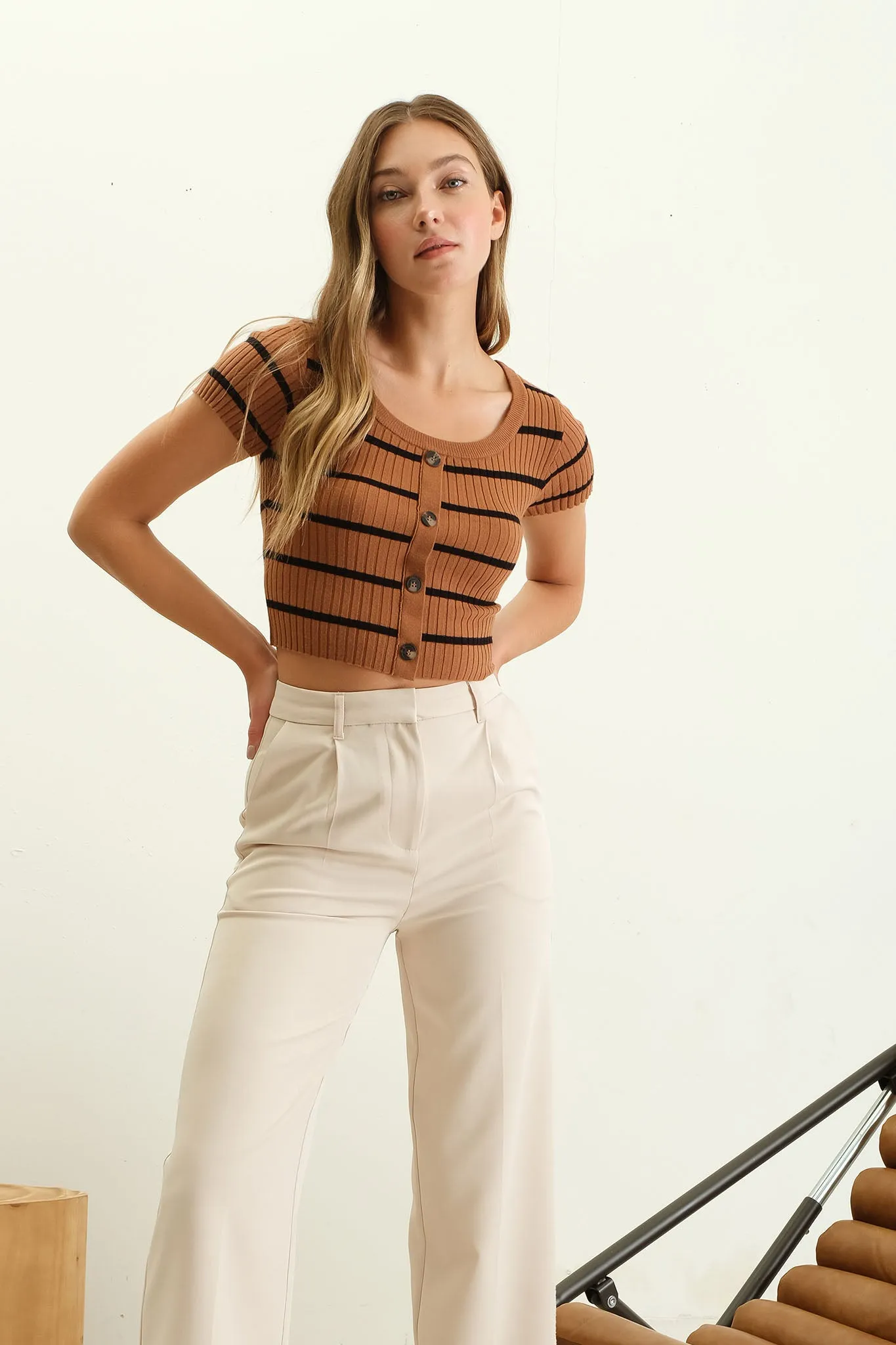 STRIPE SHORT SLEEVE BUTTON DOWN KNIT CROP TOP