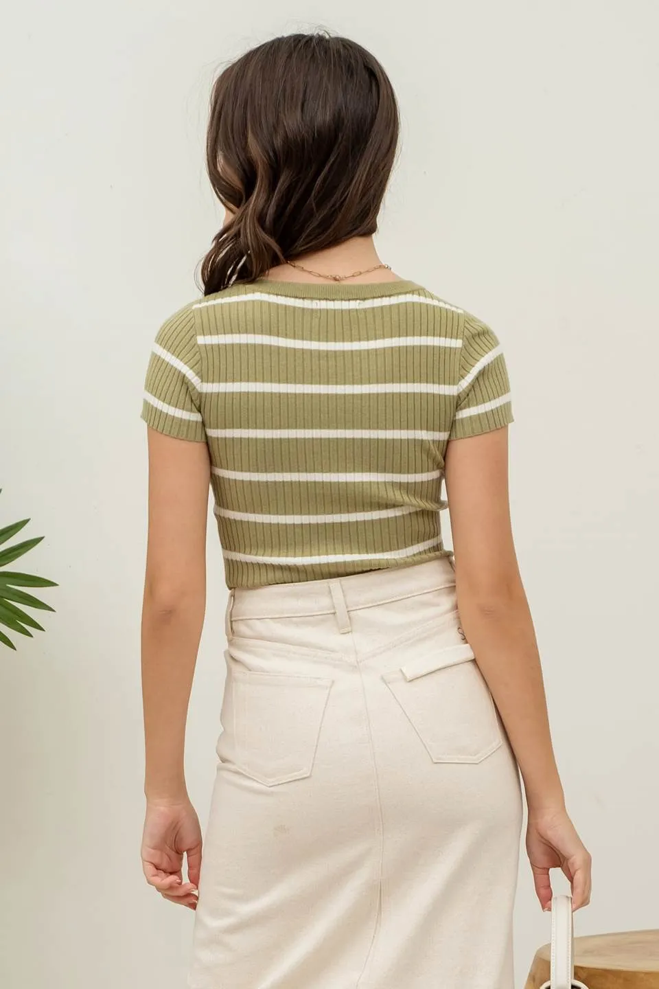 STRIPE SHORT SLEEVE BUTTON DOWN KNIT CROP TOP