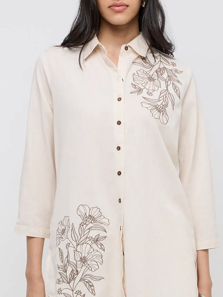 Utsa Off-White Embroidered A-Line Cotton-Blend Tunic