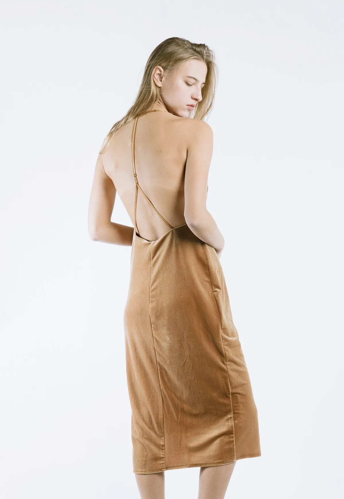 Velvet Slip Dress in Camel