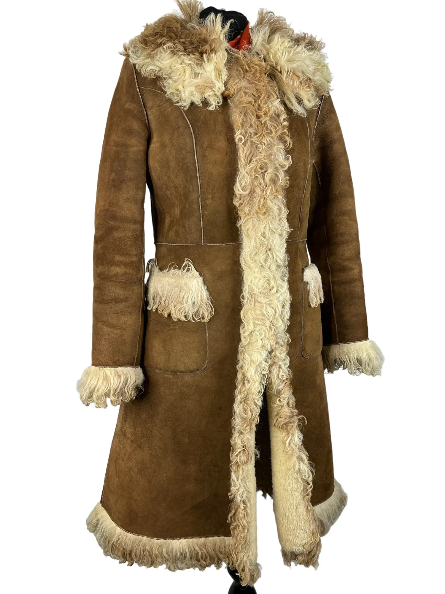 Vintage 1970s Afghan Suede Sheepskin Lined Coat in Brown by Suede and Leathercraft - Size UK 8