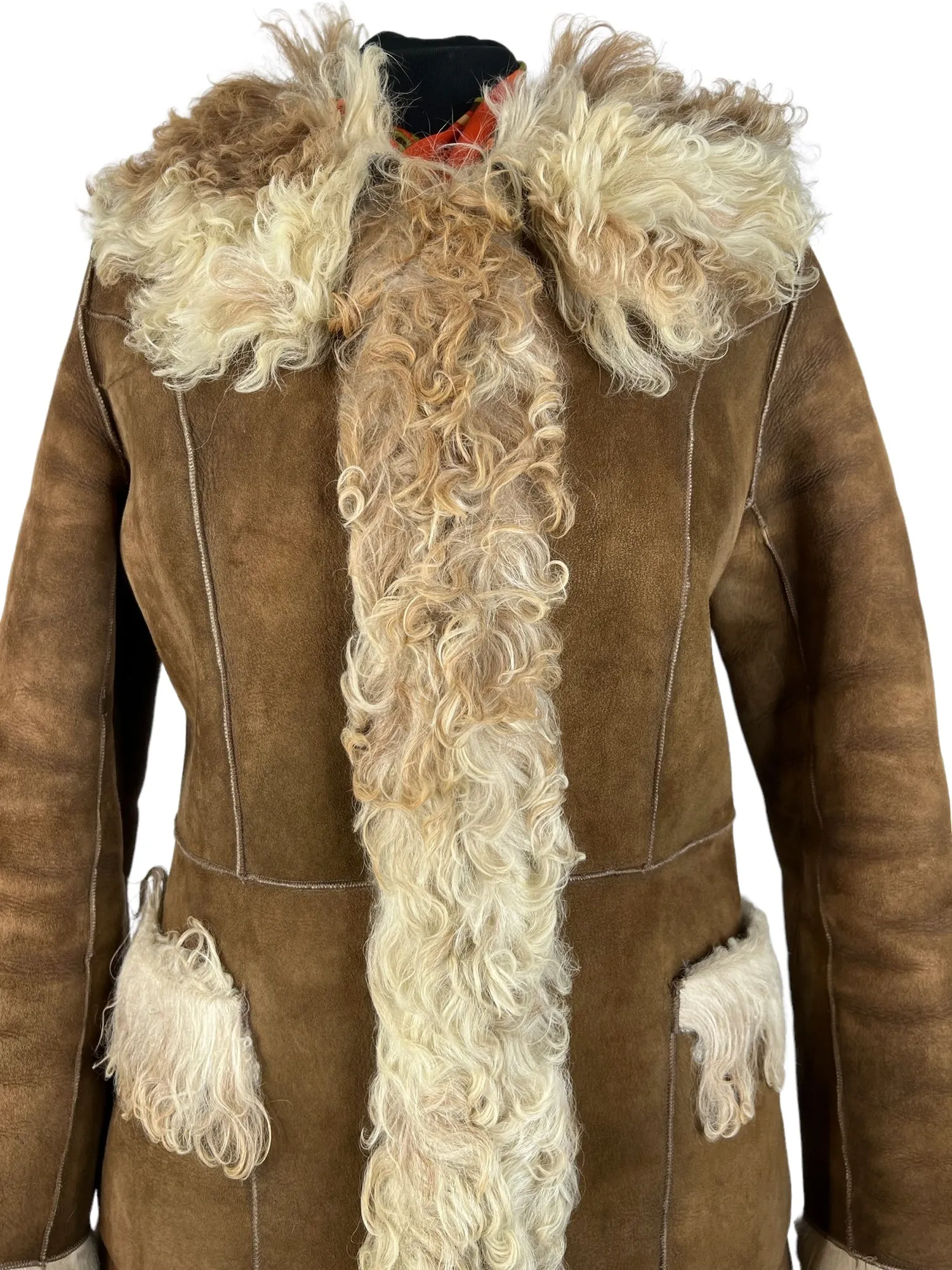 Vintage 1970s Afghan Suede Sheepskin Lined Coat in Brown by Suede and Leathercraft - Size UK 8