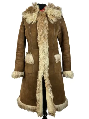 Vintage 1970s Afghan Suede Sheepskin Lined Coat in Brown by Suede and Leathercraft - Size UK 8