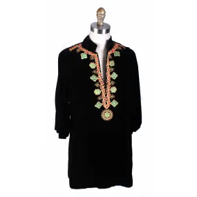 Vintage 1970s Tunic Top Black Velvet w Embroidery Lord & Taylor Womens S Mini Dress