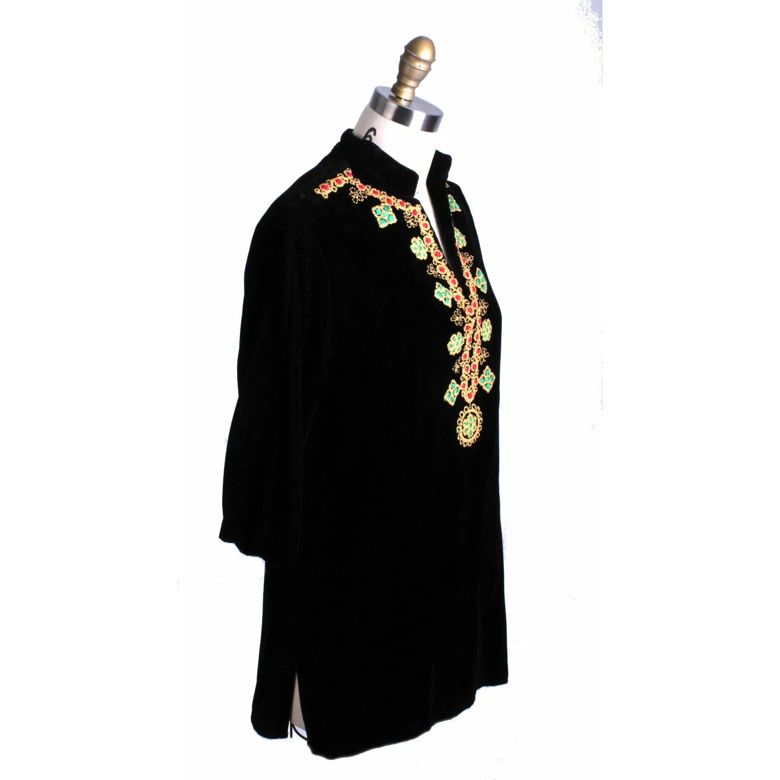 Vintage 1970s Tunic Top Black Velvet w Embroidery Lord & Taylor Womens S Mini Dress