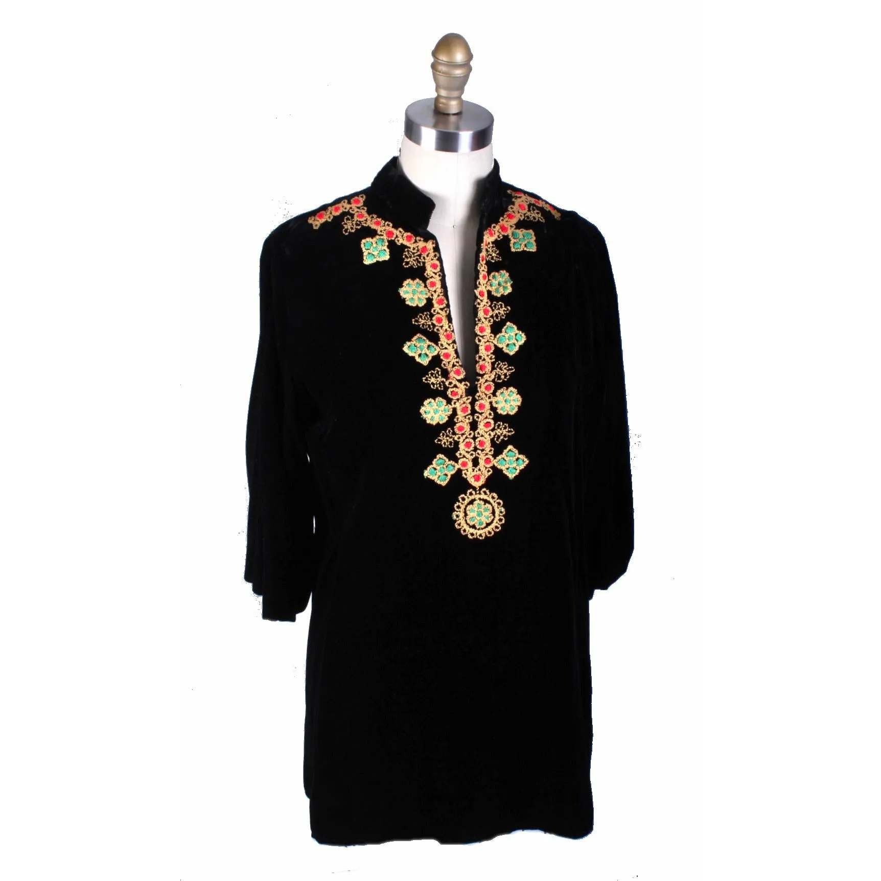 Vintage 1970s Tunic Top Black Velvet w Embroidery Lord & Taylor Womens S Mini Dress