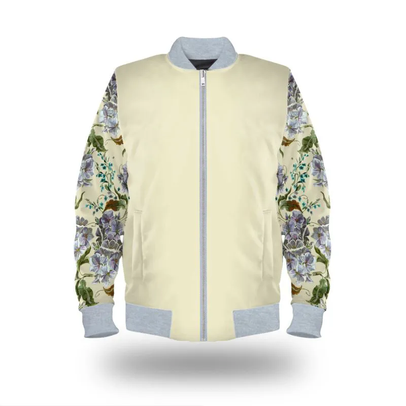 Vintage Cream Women's Bomber Jacket with Japanese Floral Sleeve