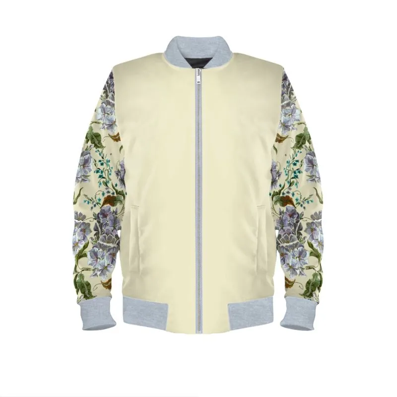 Vintage Cream Women's Bomber Jacket with Japanese Floral Sleeve