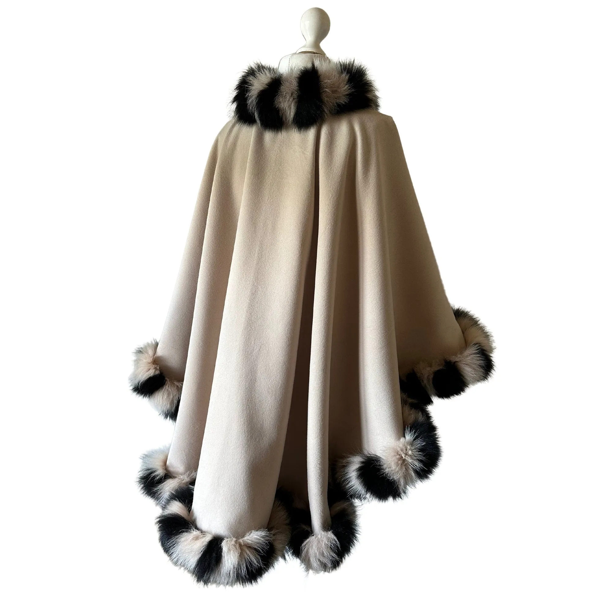 Women Beige Cape long Woolen blend and trim arctic fox fur