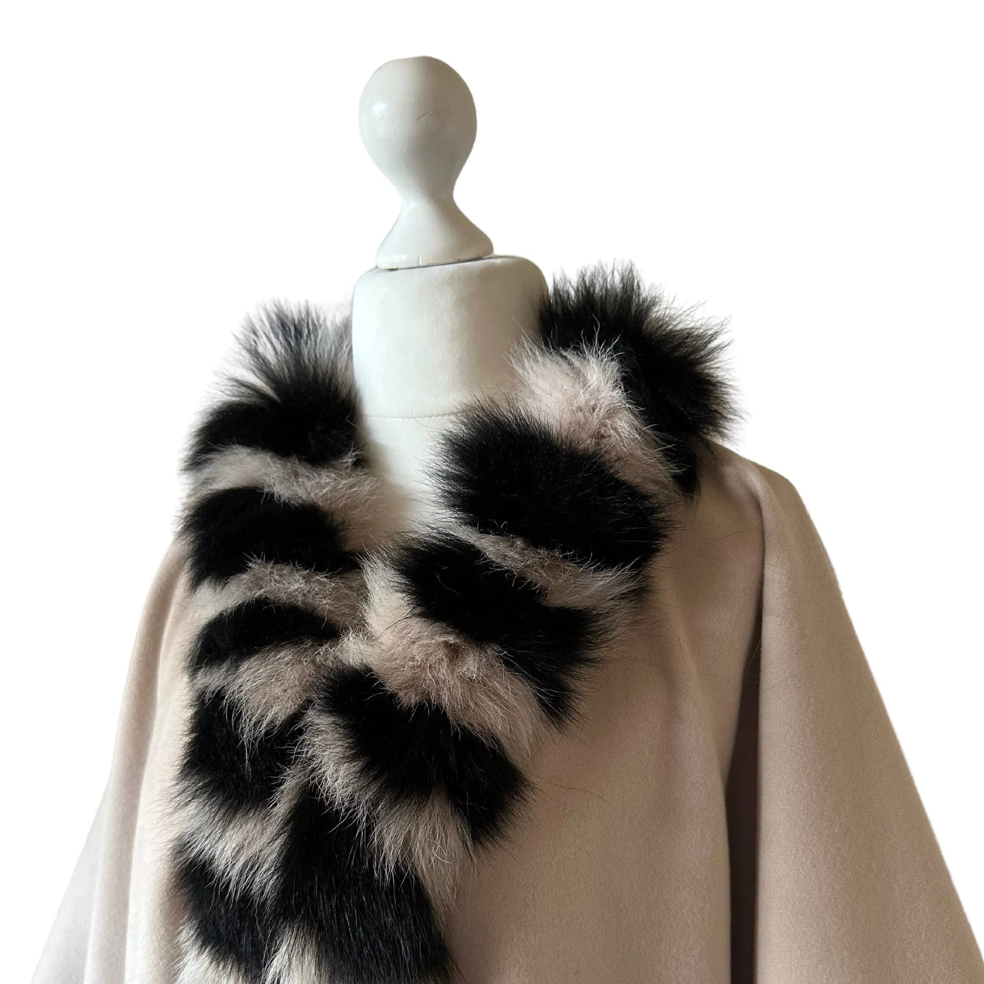 Women Beige Cape long Woolen blend and trim arctic fox fur