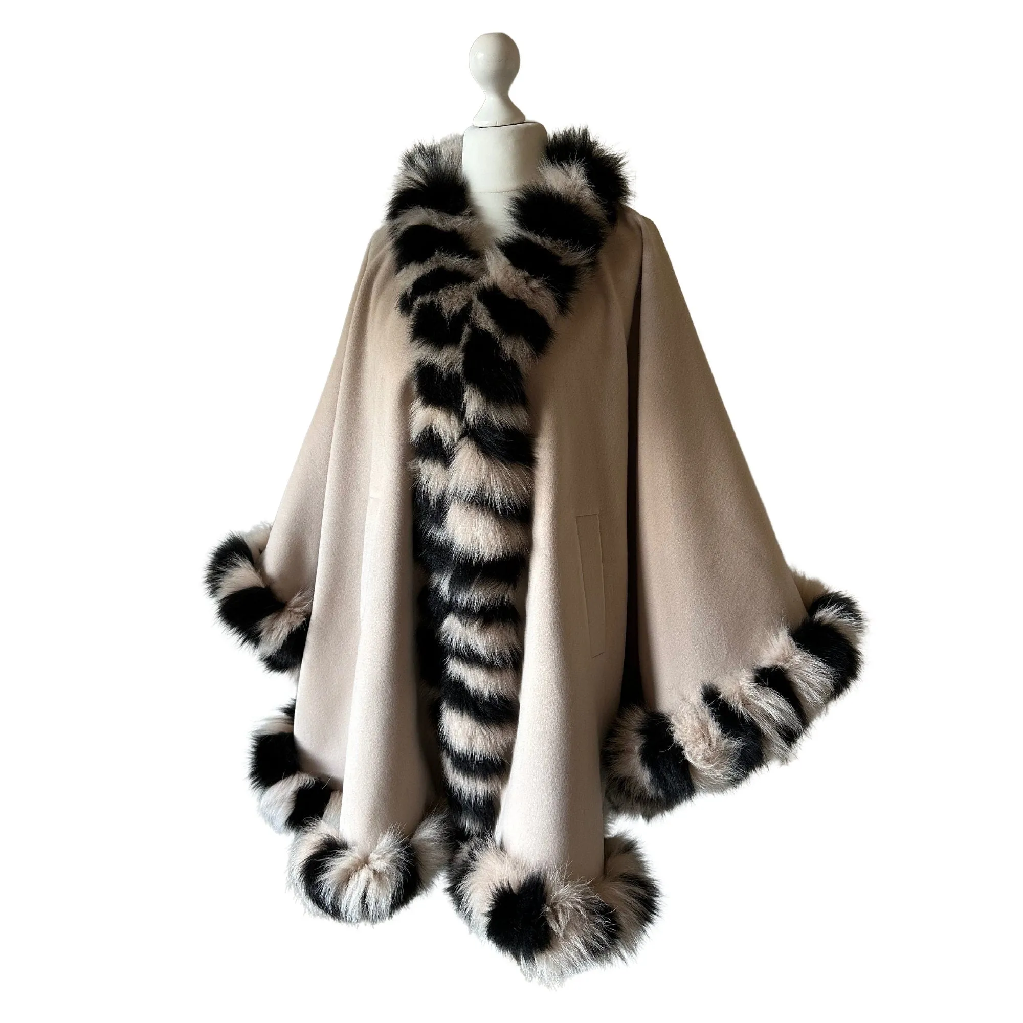 Women Beige Cape long Woolen blend and trim arctic fox fur
