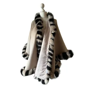 Women Beige Cape long Woolen blend and trim arctic fox fur