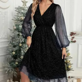 Women Fashion Stitching Mesh V-Neck Midi Dress