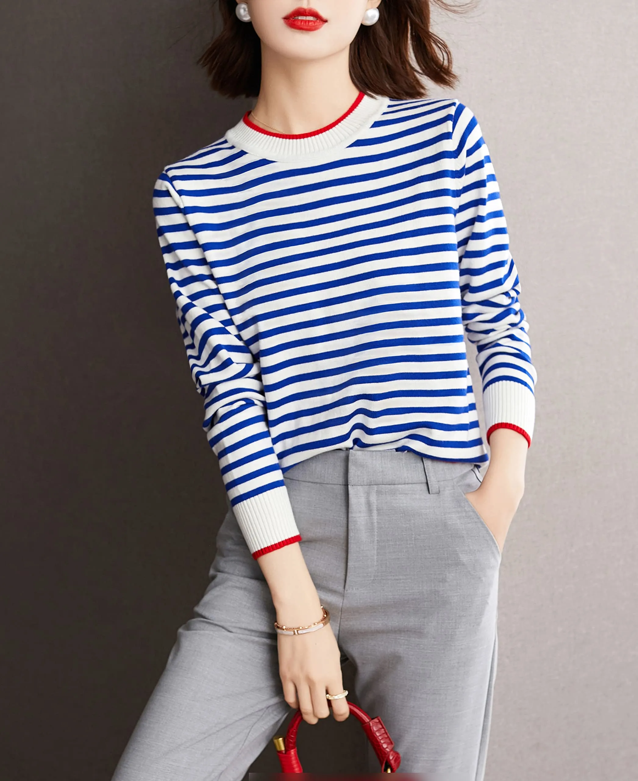 Women's Fall Lightweight Sweater Striped Knit Pullover Tops