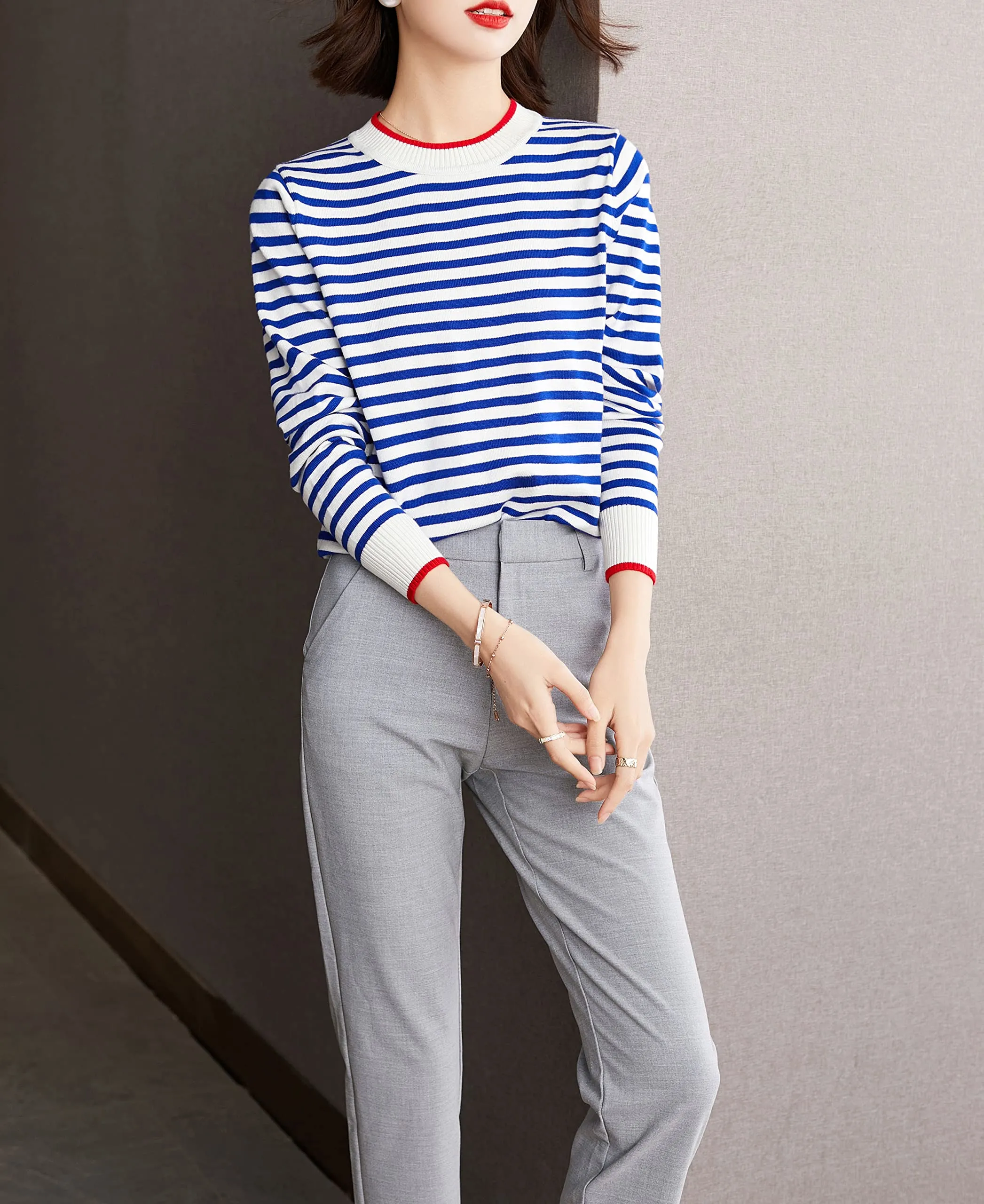 Women's Fall Lightweight Sweater Striped Knit Pullover Tops