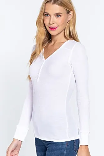 Women's V Neck Long Sleeves Henley Thermal Knit Top