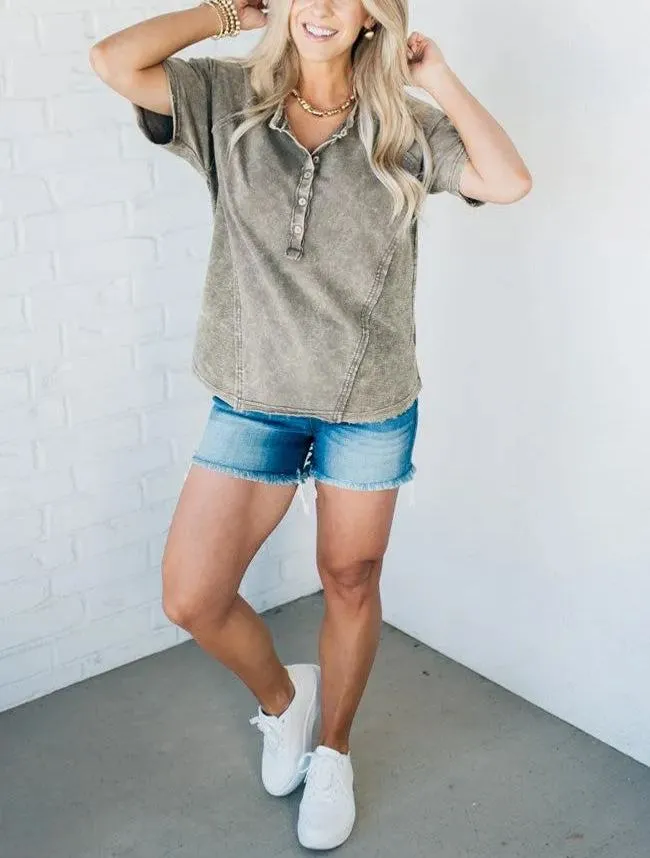 Women's Washed Button T-Shirt (Buy 2 Free Shipping)