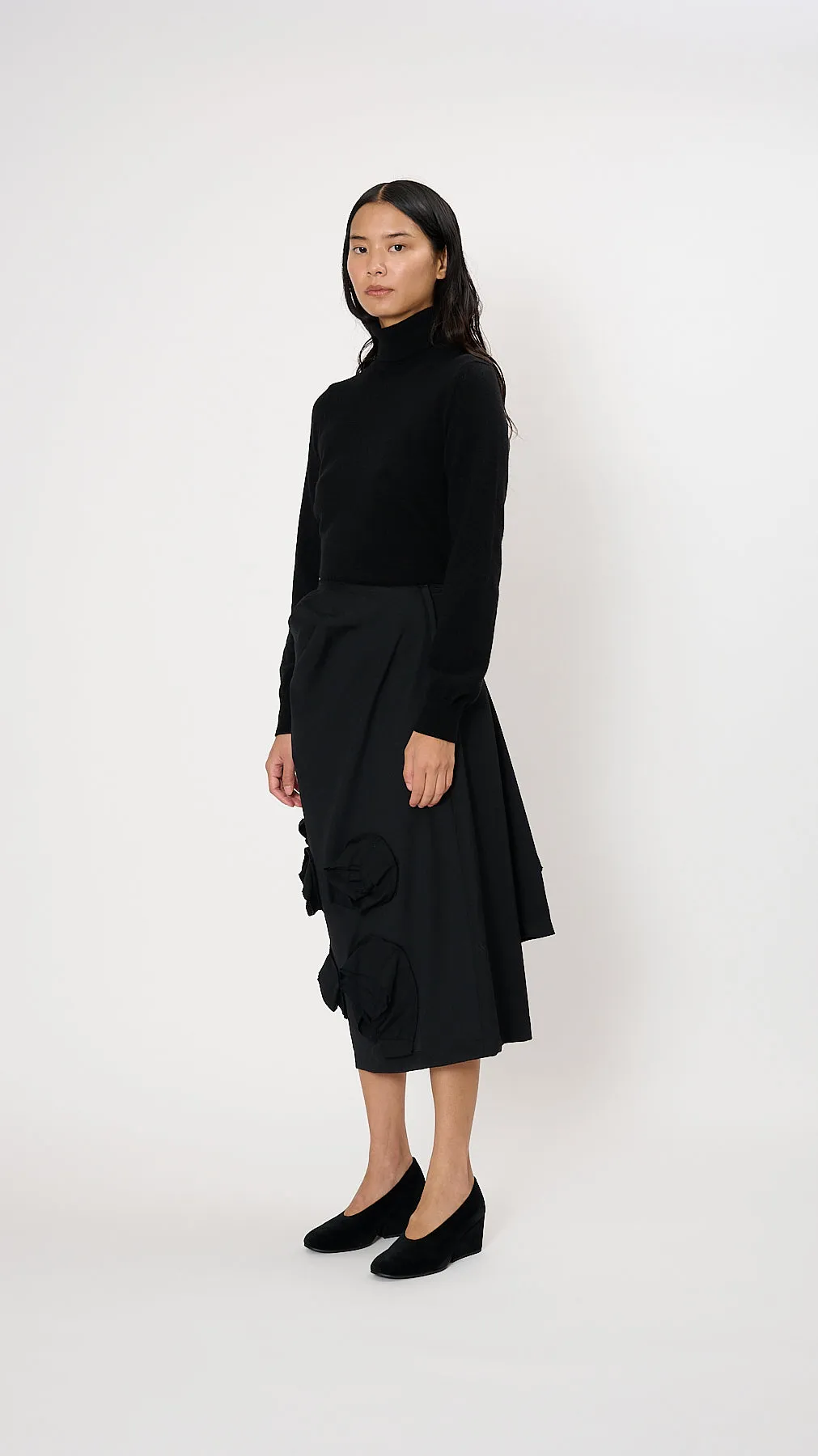 Wool Draped Midi Skirt in Black
