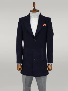 WSS Wide Lapel Wool Navy Blue Men Coat  - Singen