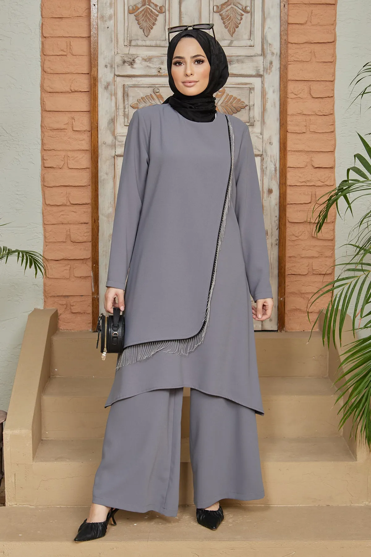 ZRF Women Chain Detailed Tunic Pants Set - Gray - Buena Park